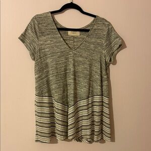 Puella Gray and Cream Striped V-Neck Top